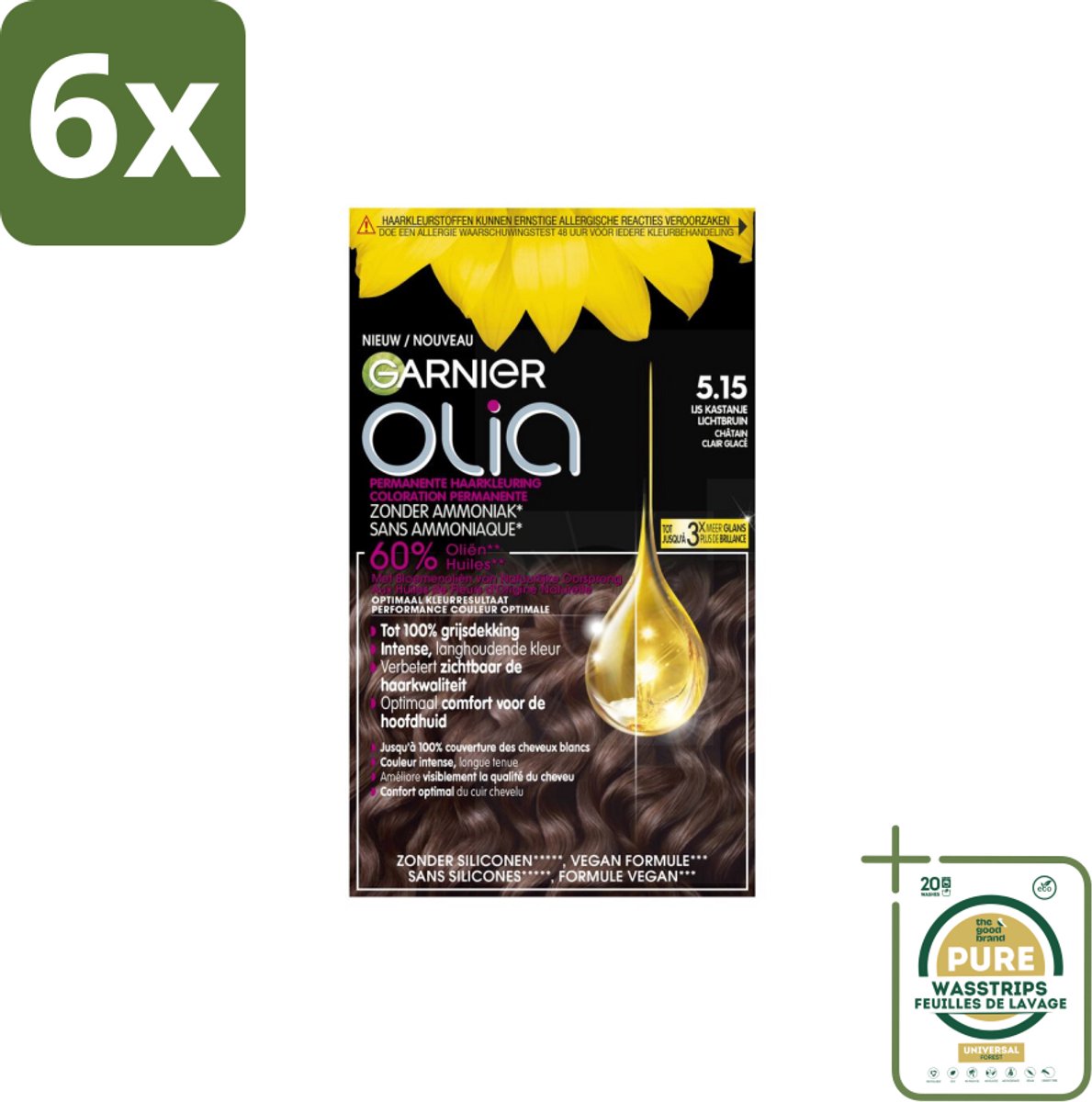 Garnier - Olia 5.15 - Haarkleuring - Kastanje Lichtbruin - Zonder Ammoniak - 100% Grijsdekking - Voordeelverpakking - 6 stuks - Kastanje - Lichtbruin