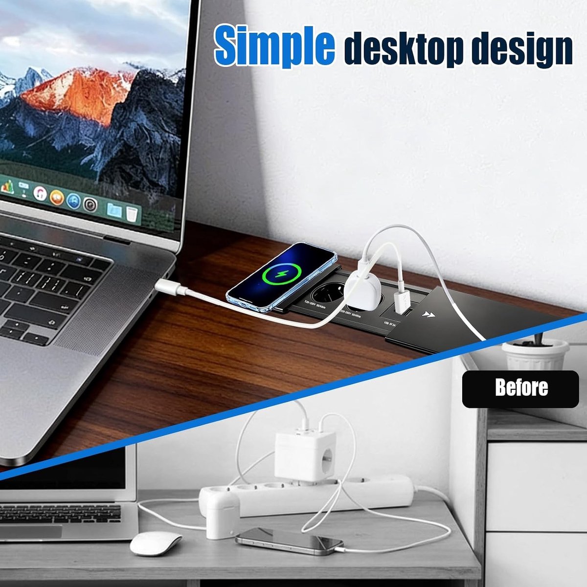 Inbouwstekkerdoos - Zwart - Inbouwstopcontact met Draadloze Oplader en USB-C - Voor Bureau en Werkplek