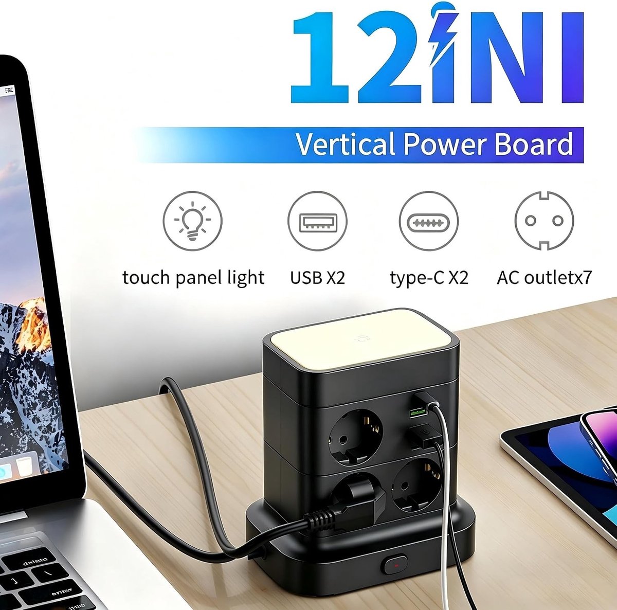 Stekkerdoos met 7 Stopcontacten en USB - Wit - 2 Meter - Met Aanraaklicht en Overbelastingsbeveiliging - Voor Thuis en Kantoor