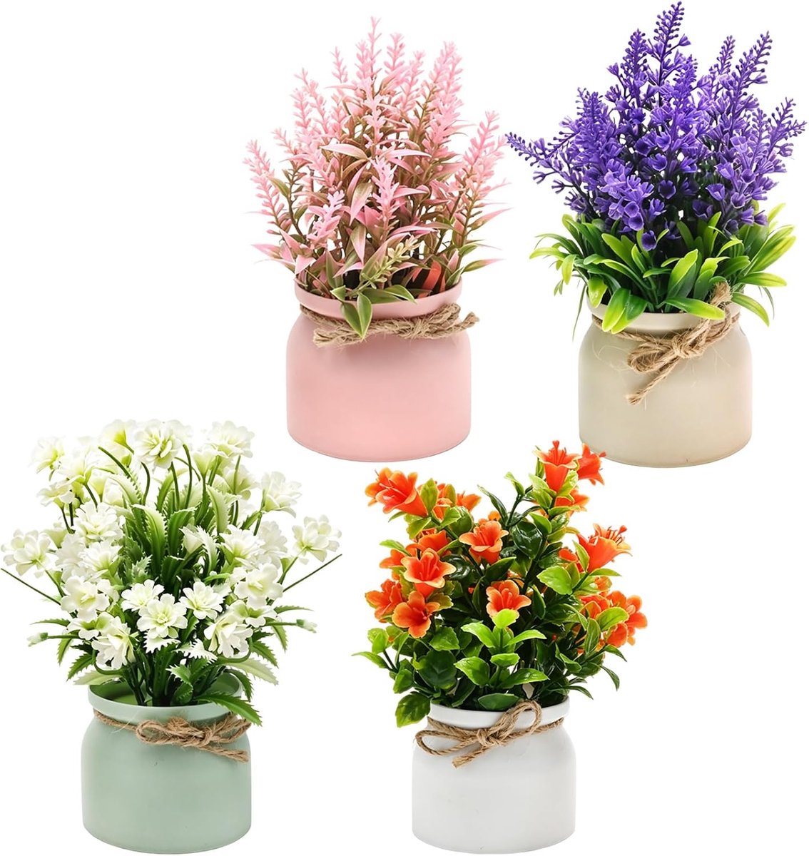 Tafelrek 4-delig - kleurrijke mini-kunstplantenset - strikdecoratie - ideaal voor bureau en vensterbank - ShopVlot