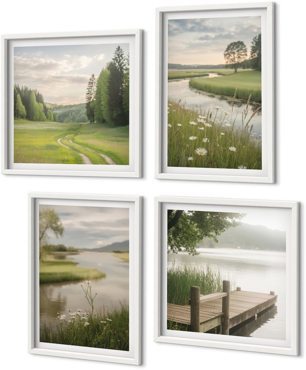 Coloray 4-Delige Schilderij Set - Vreedzame Zomerlandschappen Met Een Rivier En Een Bloemenweide - 40 x 40 En 40 x 60 - Stijlvolle Muurdecoratie - Kantoor - Wanddecoratie