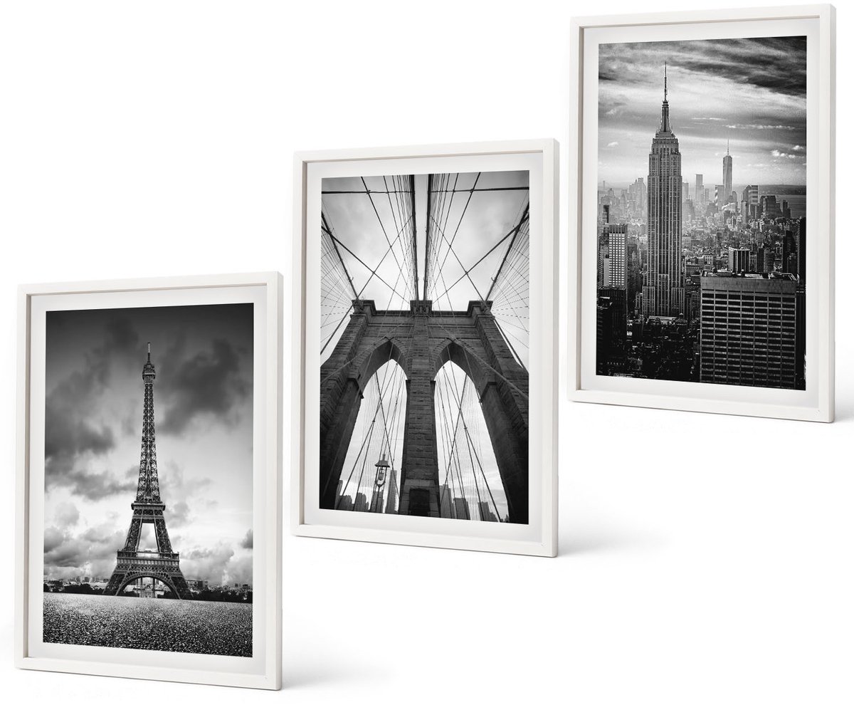 Coloray 3-Delige Schilderij Set - Torens En Bruggen In Monochrome Tinten - 40 x 60 - Wanddecoratie - Woonkamer Decoratie - Moderne Wanddecoratie Witte lijst
