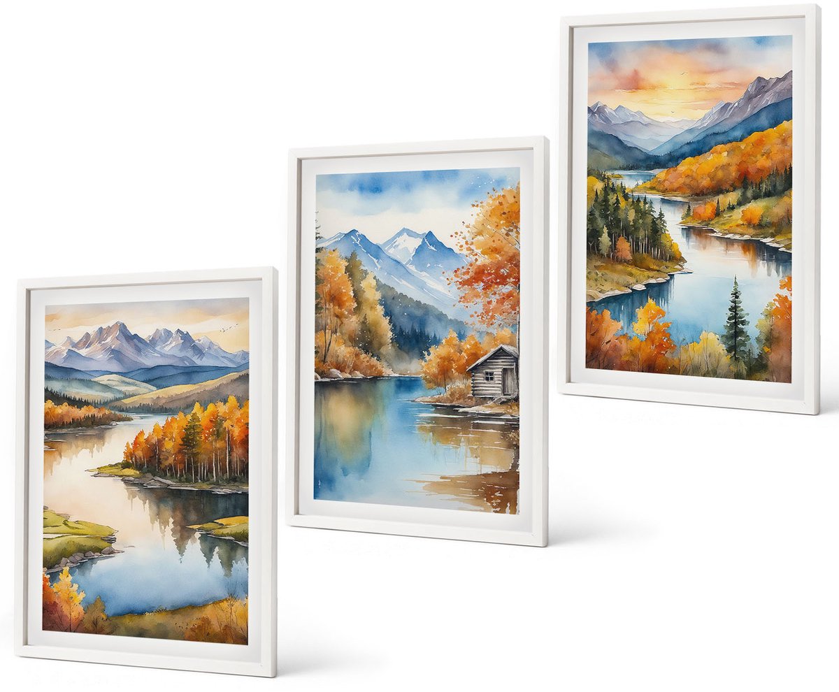 Coloray 3-Delige Schilderij Set - Herfstlandschap In De Bergen Met Een Rivier En Een Huisje Aan Het Water. - 40 x 60 - Decoratieve Schilderijen - Wanddecoratie - Hal - Interieur Decoratie