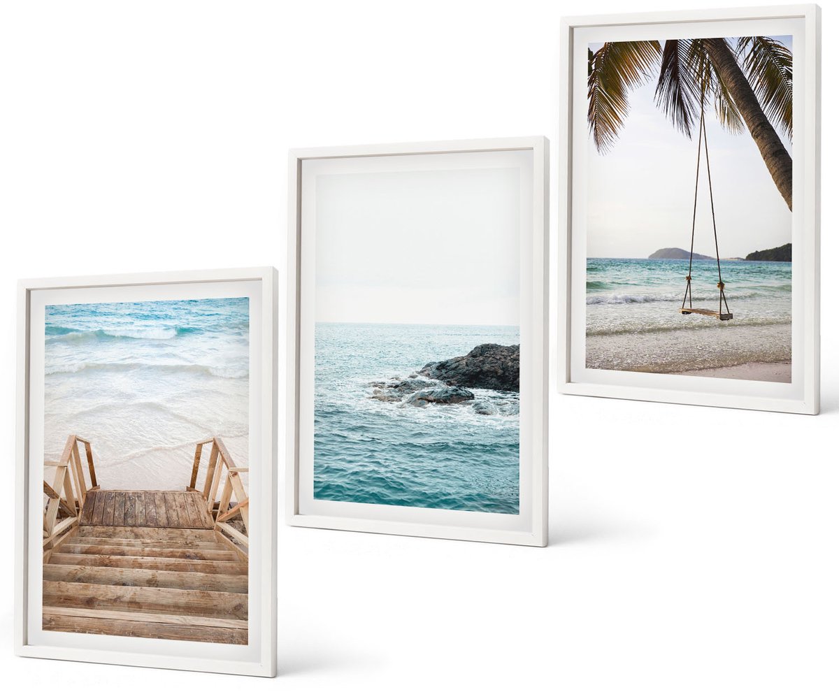 Coloray 3-Delige Schilderij Set - Trap Naar Het Strand, Uitzicht Op Zee En Schommel In Een Palmboom - 40 x 60 - Decoratieve Schilderijen - Woonkamer - Interieur - Muurdecoratie