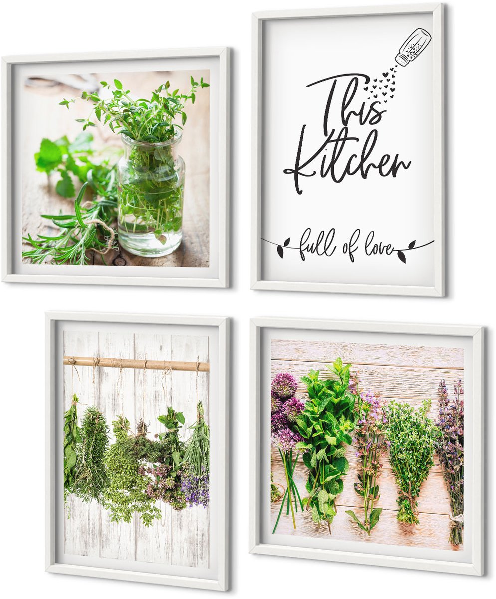 Coloray 4-Delige Schilderij Set - Kruiden En Planten Drogen Voor In De Keuken - 40 x 40 En 40 x 60 - Decoratieve Schilderijen - Wanddecoratie - Hal - Muurdecoratie