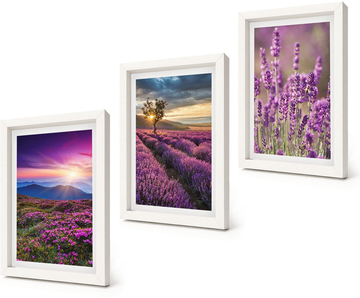 Coloray 3-Delige Schilderij Set - Landschap met lavendelvelden en zonsondergang - 20x30 - Decoratieve Muurdecoratie - Slaapkamer - Moderne Wanddecoratie