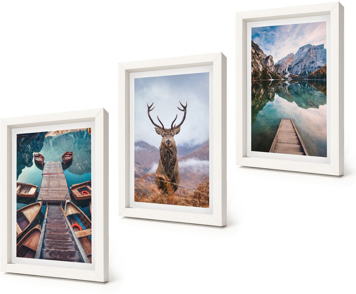Coloray 3-Delige Schilderij Set - Meer met boten, herten en berglandschap - 20x30 - Stijlvolle Wanddecoratie - Interieur