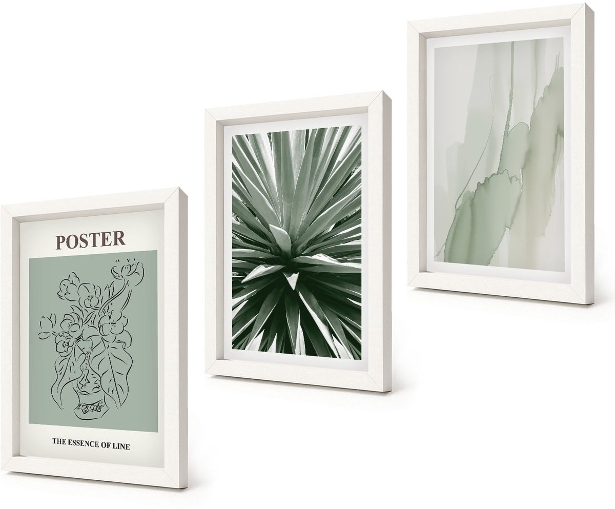 Coloray 3-Delige Schilderij Set - Plantenpatronen in tinten groen en beige - 20x30 - Muurdecoratie - Wanddecoratie - Slaapkamer