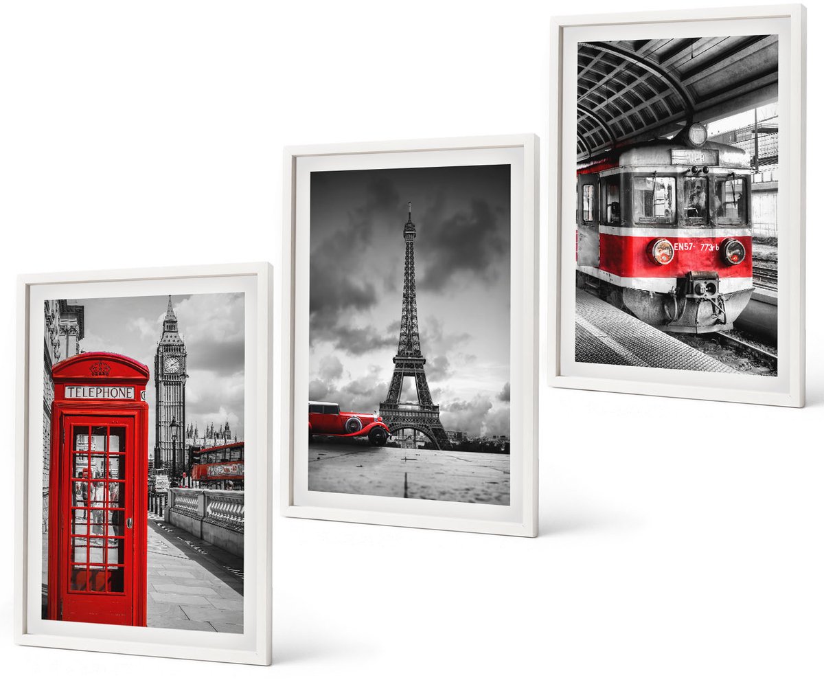 Coloray 3-Delige Schilderij Set - Iconische Steden: Londen, Parijs En Het Spoorvervoer - 40 x 60 - Muurdecoratie - Schilderijen Set - Woonkamer