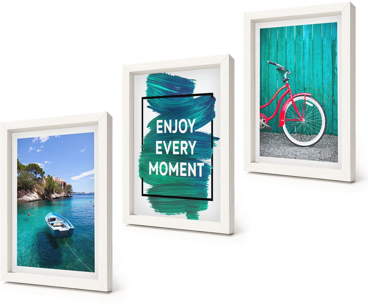 Coloray 3-Delige Schilderij Set - Zeezicht met boot en fiets, inspirerende belettering - 20x30 - Muurdecoratie - Wanddecoratie - Hal