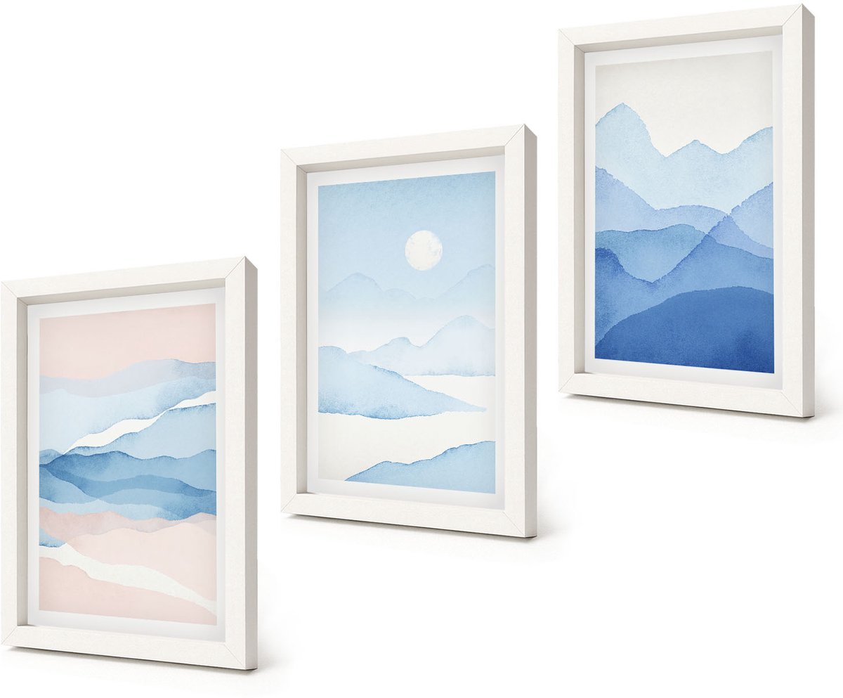 Coloray 3-Delige Schilderij Set - Blauwe en roze berglandschappen in aquarel - 20x30 - Stijlvolle Muurdecoratie - Slaapkamer - Moderne Wanddecoratie