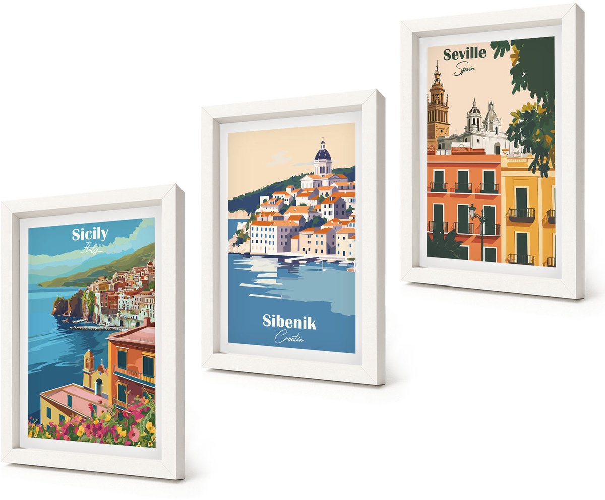 Coloray 3-Delige Schilderij Set - Europese stadsgezichten met kleurrijke gebouwen - 20x30 - Moderne Wanddecoratie - Woonkamer - Interieur Decoratie