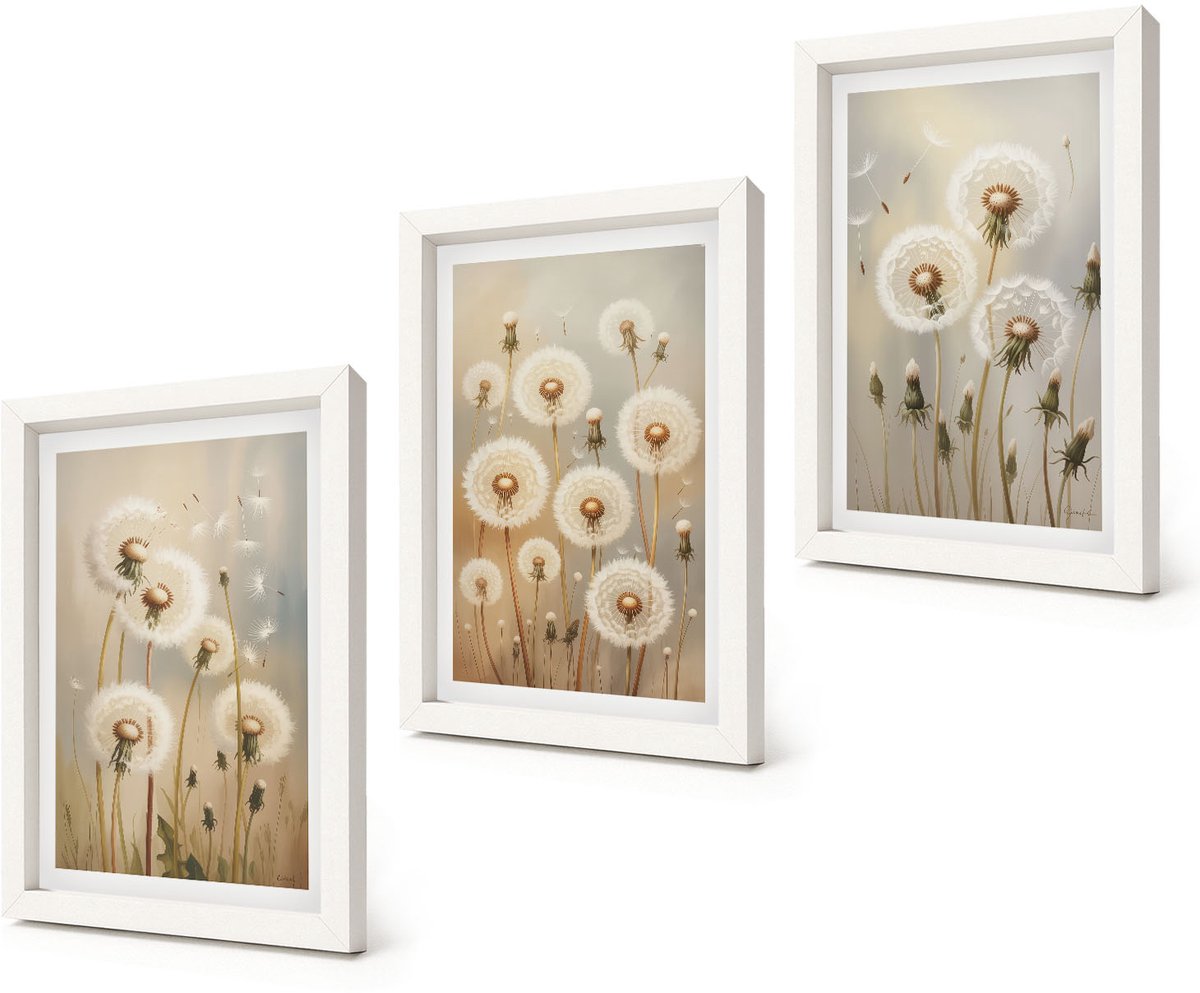 Coloray 3-Delige Schilderij Set - Witte paardenbloemen op een achtergrond van lichte kleuren. - 20x30 - Muurdecoratie - Interieur Decoratie - Wanddecoratie