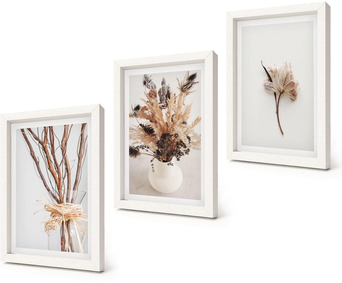 Coloray 3-Delige Schilderij Set - Bloemen en takken in een minimalistische, natuurlijke stijl. - 20x30 - Decoratieve Schilderijen - Wanddecoratie - Hal - Muurdecoratie