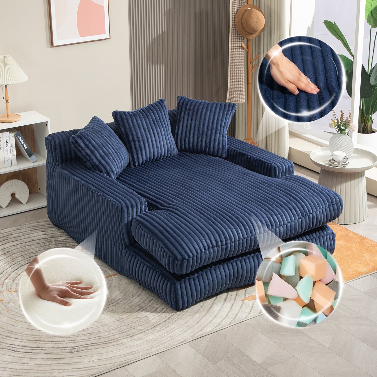 Corduroy cloud loungesofa met slaapfunctie - voor woonkamer, kantoor en slaapkamer - 1 persoon, 125x155 cm - marineblauw - 3 kussens inbegrepen - geen montage nodig - tot 150 kg