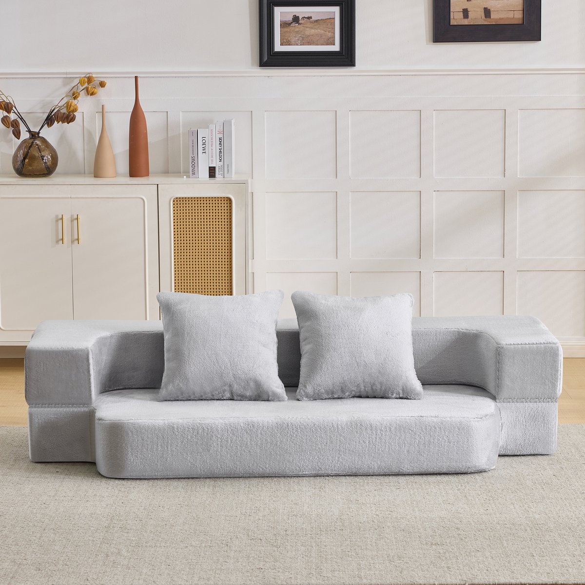 2-in-1 transformeerbare sofa - Geschikt voor woonkamer, slaapkamer en logeerruimte - 1 tot 2-persoons - Lichtgrijs - Geen montage, traagschuimvulling - Zacht textiel, compact en draagbaar