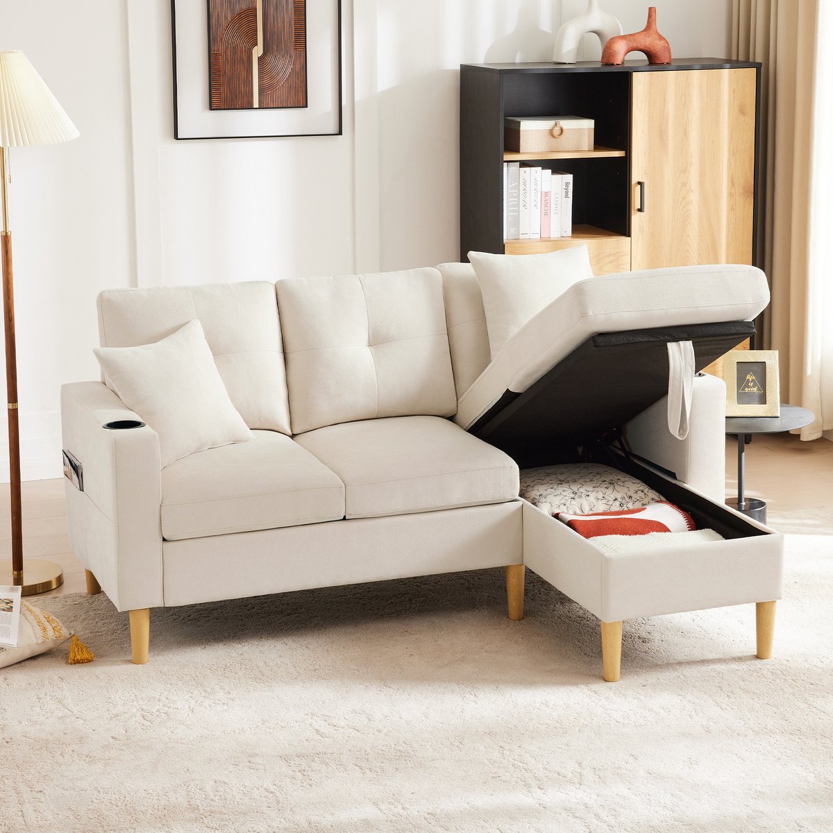 L-vorm bank met chaise longue en opbergruimte - woonkamer, kantoor of appartement - 3 personen, 175x129x90 cm - geïntegreerde drankhouders - verborgen opbergvak - zijvakken - incl. 2 kussens
