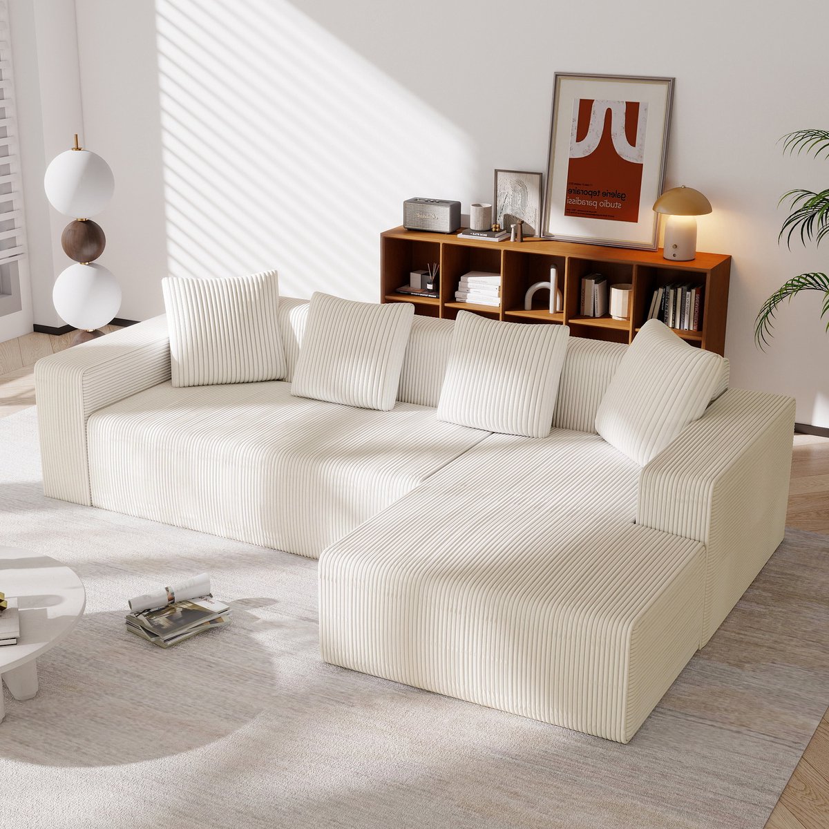 Modulaire cloud sofa met L-vorm chaise longue - diepe zit, 70 cm - voor woonkamer en slaapkamer - geen montage nodig - pluche bekleding - 4 kussens inbegrepen