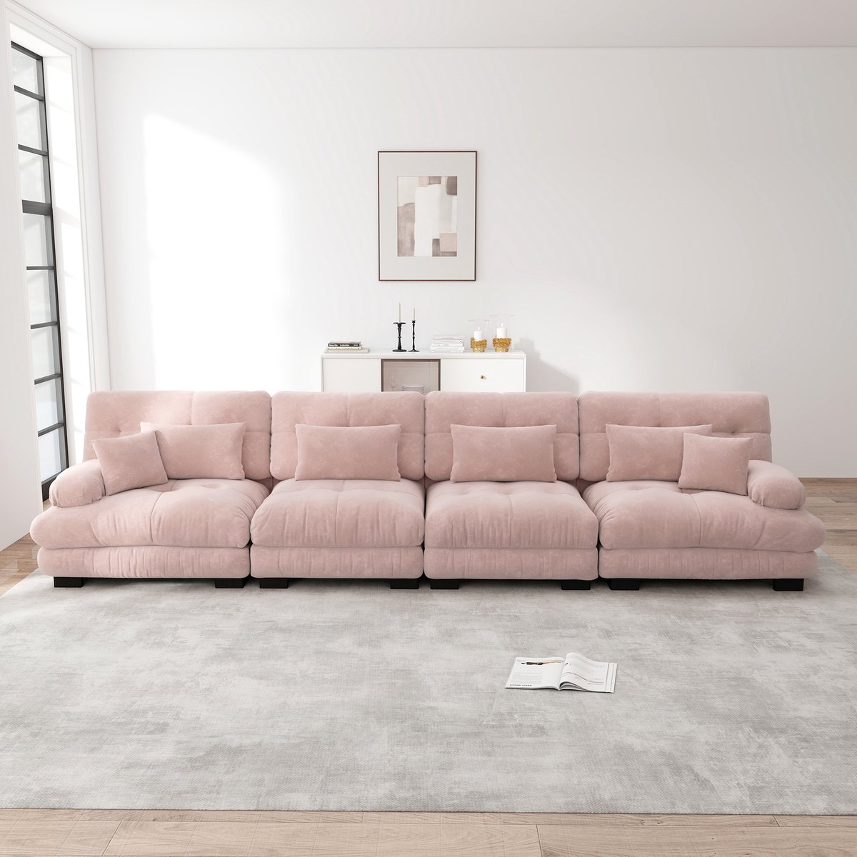 Modulaire 4-zits hoekbank met diepe zit - Voor woonkamer, appartement en kantoor - 4 personen - Roze chenille - Cloud comfort zonder veren - Ronde armleuningen als hoofdkussen - Inclusief sierkussens
