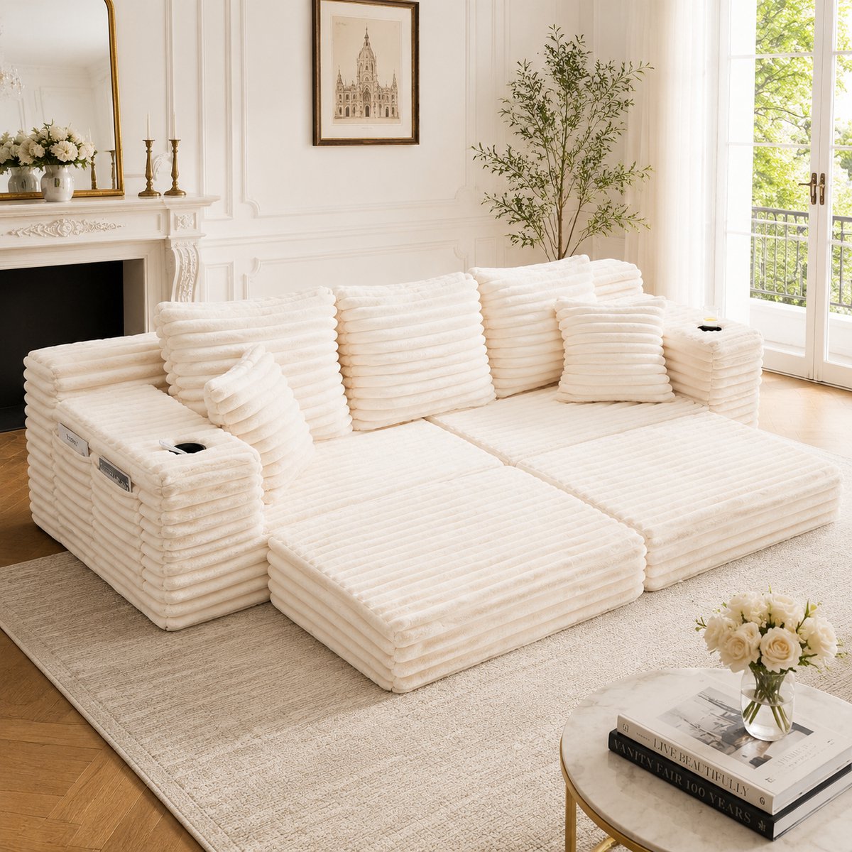 Corduroy compressiebank met slaapfunctie - Geschikt voor woonkamer, logeerbed - 3-zits - Beige - Hoge rugleuning, extra kussens - Zijvakken en bekerhouders - Geen montage nodig