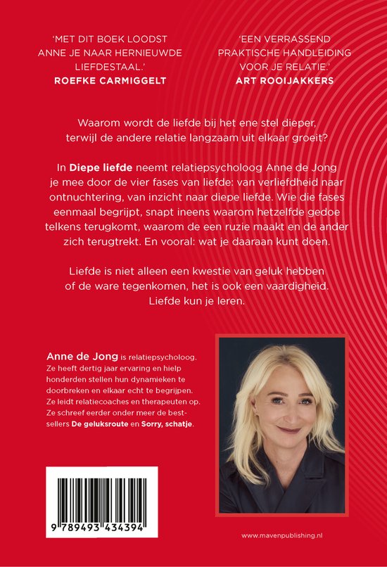 Boek 'Diepe liefde' met een portret van auteur Anne de Jong, relationeel psycholoog, op een rode achtergrond met een hartmotief.
