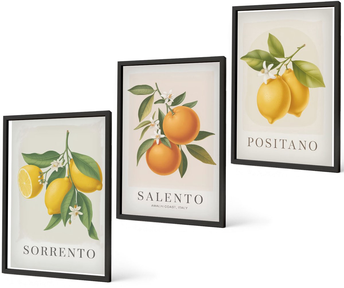 Coloray 3-Delige Schilderij Set - Citroenen En Sinaasappels Van De Amalfikust In Italië - 40 x 60 cm - Wanddecoratie - Schilderijen Set - Kantoor - Interieur Decoratie