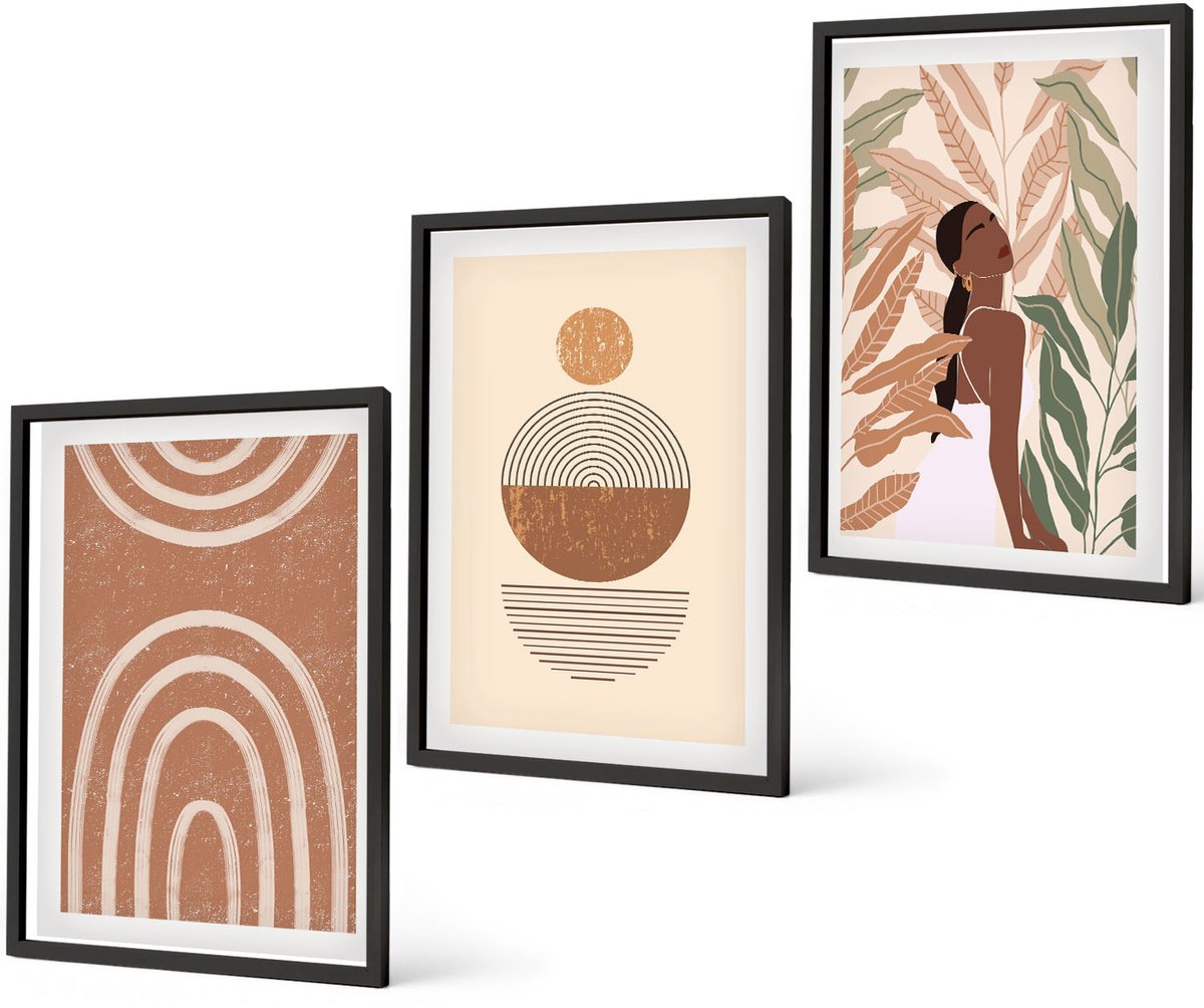 Coloray 3-Delige Schilderij Set - Stijlvolle Patronen Met Plantmotieven En Geometrische Vormen. - 40 x 60 cm - Decoratieve Schilderijen - Woonkamer - Interieur - Stijlvolle Muurdecoratie