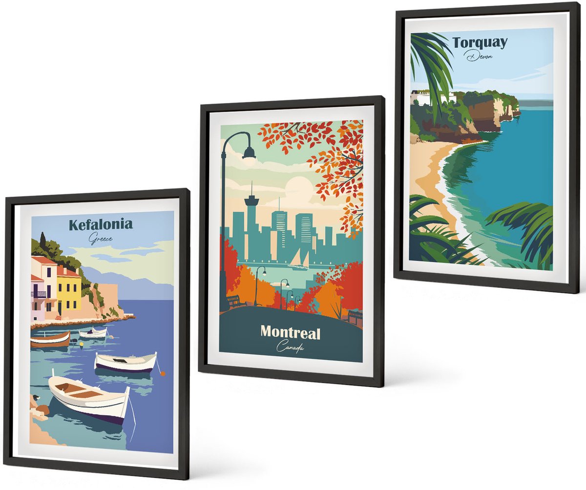 Coloray 3-Delige Schilderij Set - Stadsgezichten En Landschappen Uit Griekenland, Canada En Australië - 40 x 60 cm - Stijlvolle Muurdecoratie - Slaapkamer - Moderne Wanddecoratie