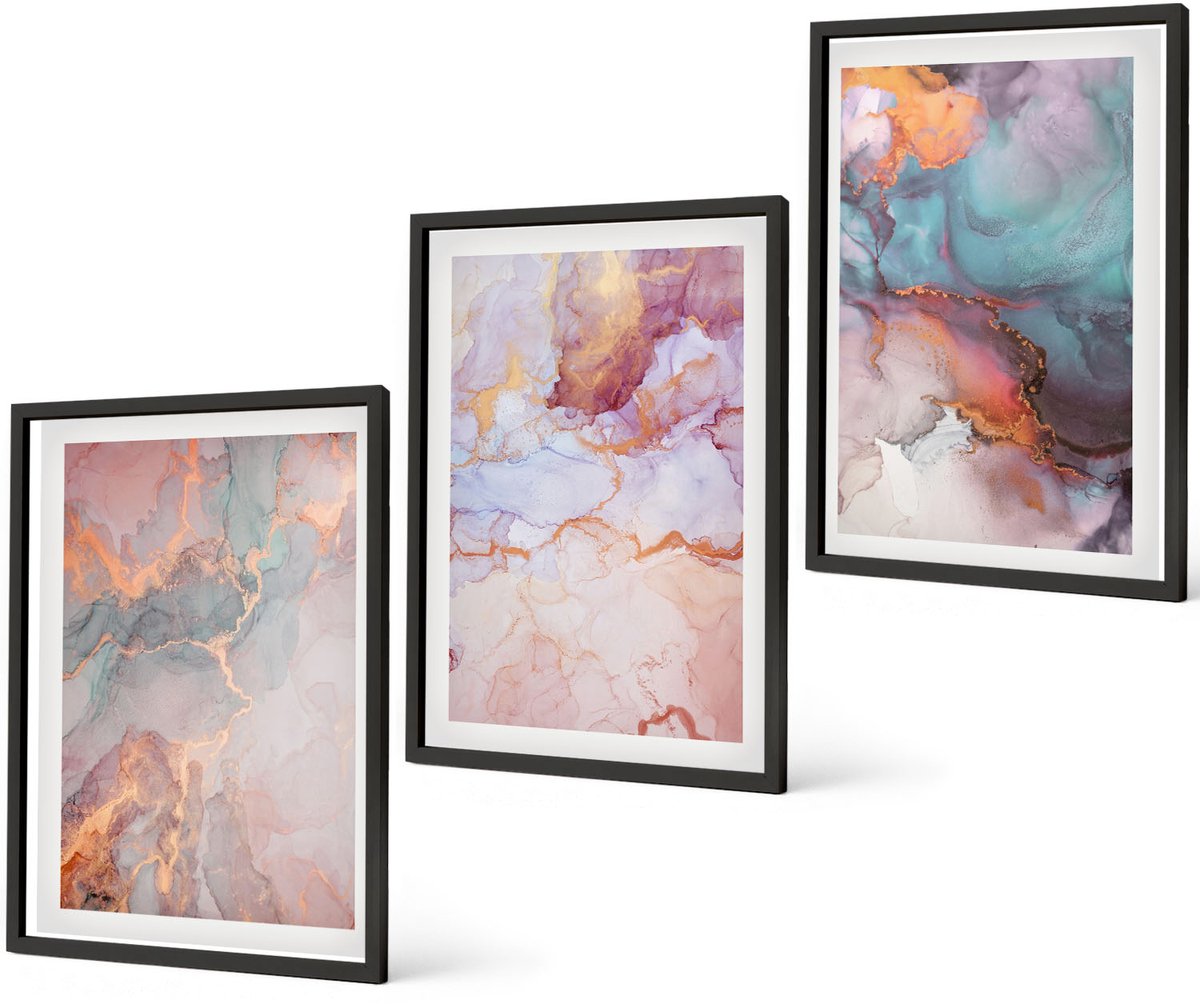 Coloray 3-Delige Schilderij Set - Abstracte Patronen In Pastelkleuren Met Accenten - 40 x 60 cm - Stijlvolle Muurdecoratie - Kantoor - Wanddecoratie
