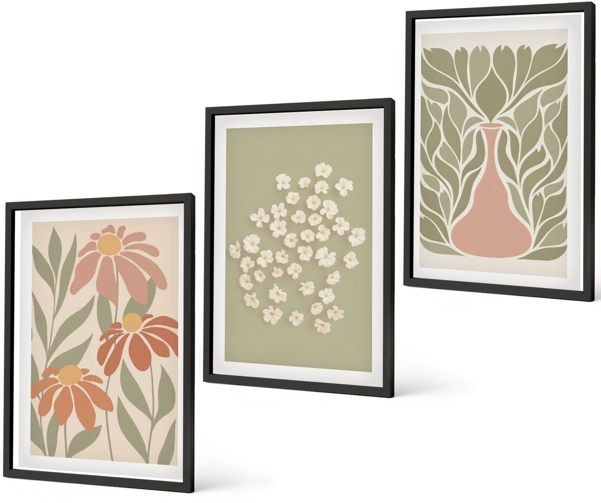 Coloray 3-Delige Schilderij Set - Bloemmotieven, Minimalistische Patronen, Boho-Stijl - 40 x 60 cm - Moderne Wanddecoratie - Woonkamer - Stijlvolle Muurdecoratie Zwarte lijst
