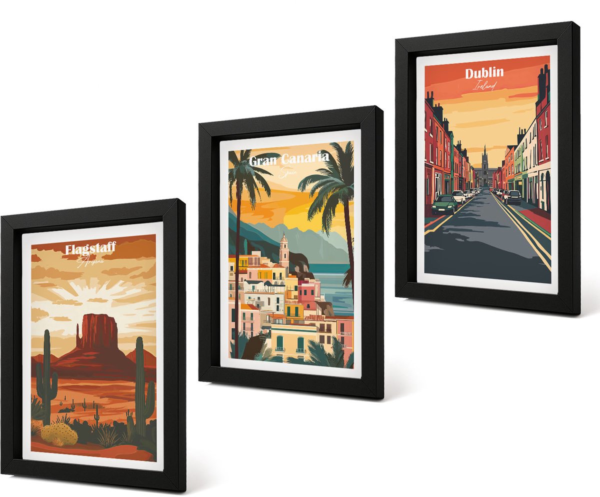 Coloray 4-Delige Schilderij Set - Stads- en natuurlandschappen in warme kleuren - 20 x 30 cm - Wanddecoratie - Schilderijen Set - Interieur - Stijlvolle Muurdecoratie