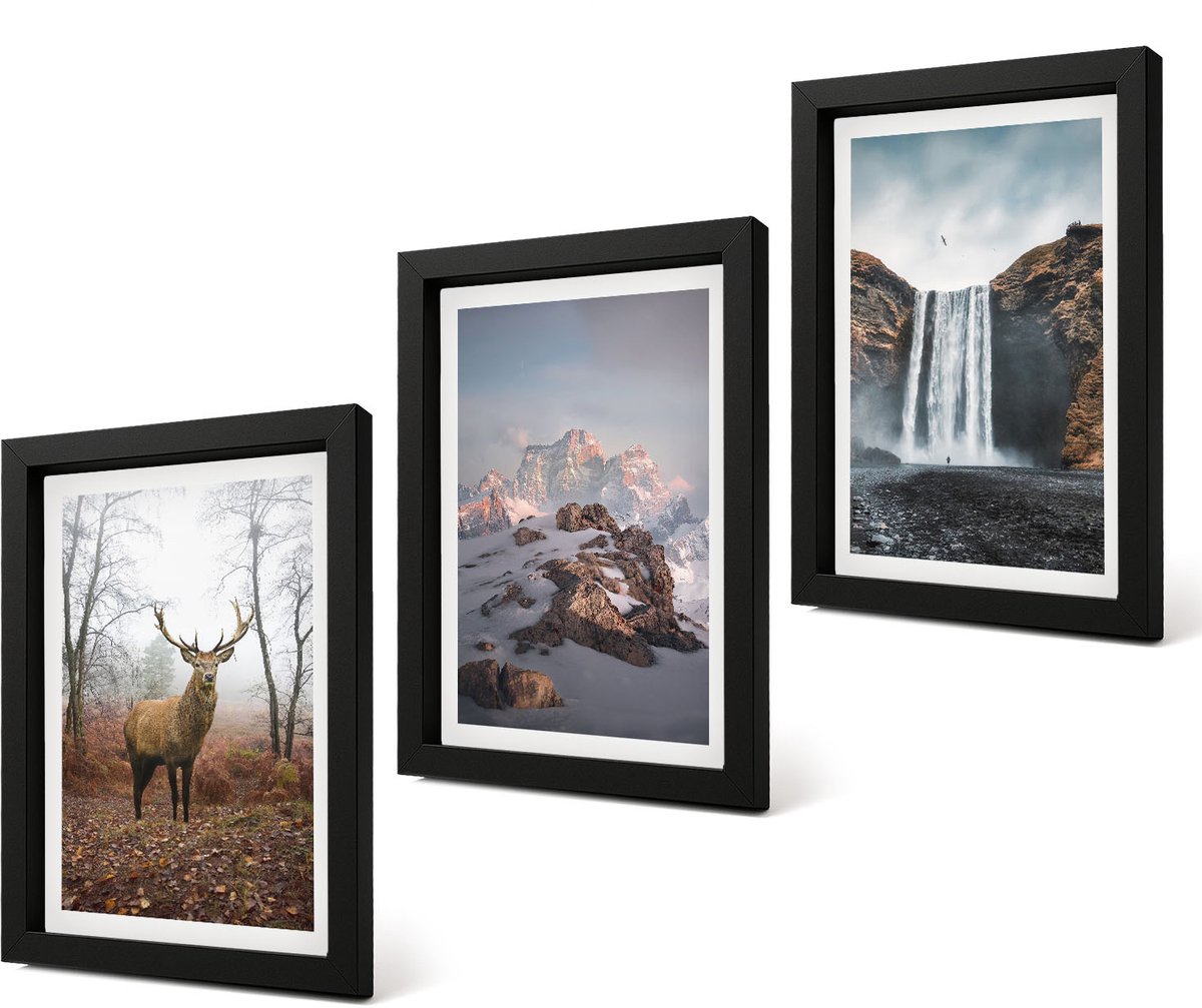 Coloray 4-Delige Schilderij Set - Natuurlijke, ongerepte landschappen, bergen, herten en watervallen. - 20 x 30 cm - Muurdecoratie - Schilderijen Set - Woonkamer - Woonkamer Decoratie