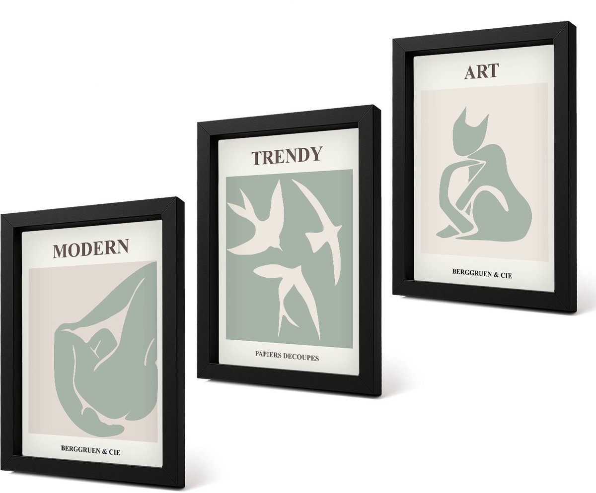 Coloray 4-Delige Schilderij Set - Abstracte figuren van Henri Matisse in ingetogen kleuren. - 20 x 30 cm - Moderne Wanddecoratie - Woonkamer