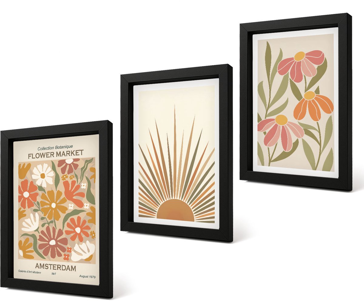 Coloray 4-Delige Schilderij Set - Bloemen in pastelkleuren met zonnestralen - 20 x 30 cm - Stijlvolle Muurdecoratie - Kantoor - Interieur Decoratie