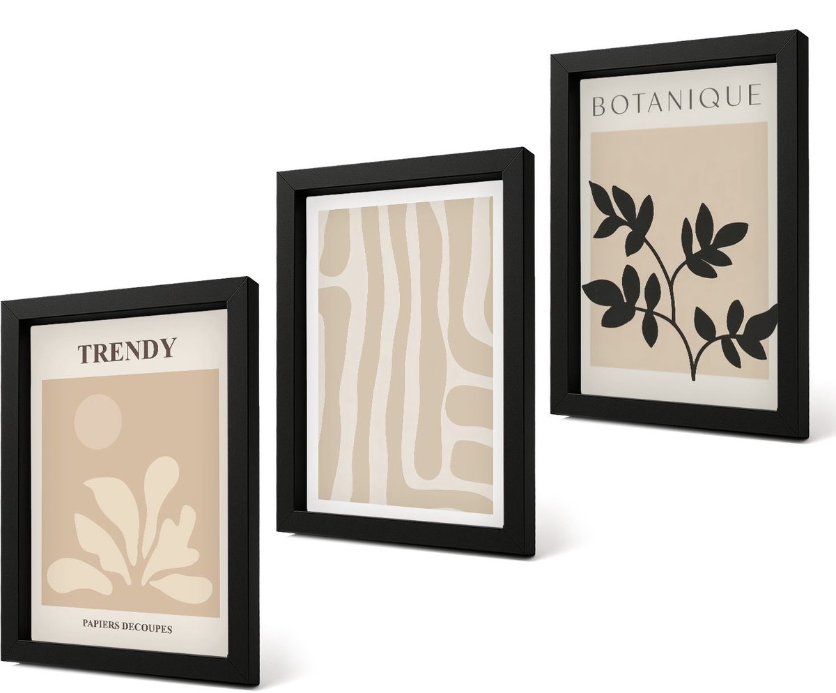 Coloray 4-Delige Schilderij Set - Stijlvolle plantenpatronen in beige en zwarte tinten. - 20 x 30 cm - Moderne Wanddecoratie - Slaapkamer - Decoratieve Schilderijen