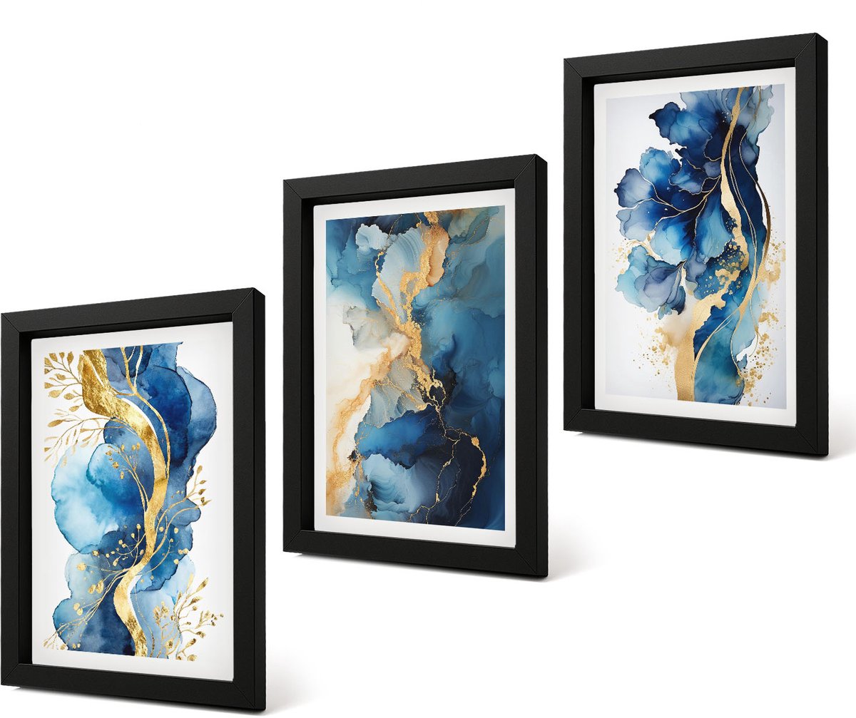 Coloray 4-Delige Schilderij Set - Blauwe abstracte patronen met subtiele accenten - 20 x 30 cm - Wanddecoratie - Moderne Interieurdecoratie - Stijlvolle Muurdecoratie