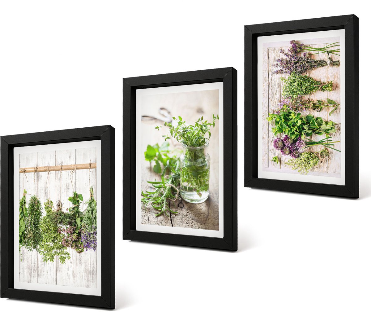 Coloray 4-Delige Schilderij Set - Kruiden en planten drogen voor in de keuken - 20 x 30 cm - Muurdecoratie - Wanddecoratie - Hal - Decoratieve Schilderijen