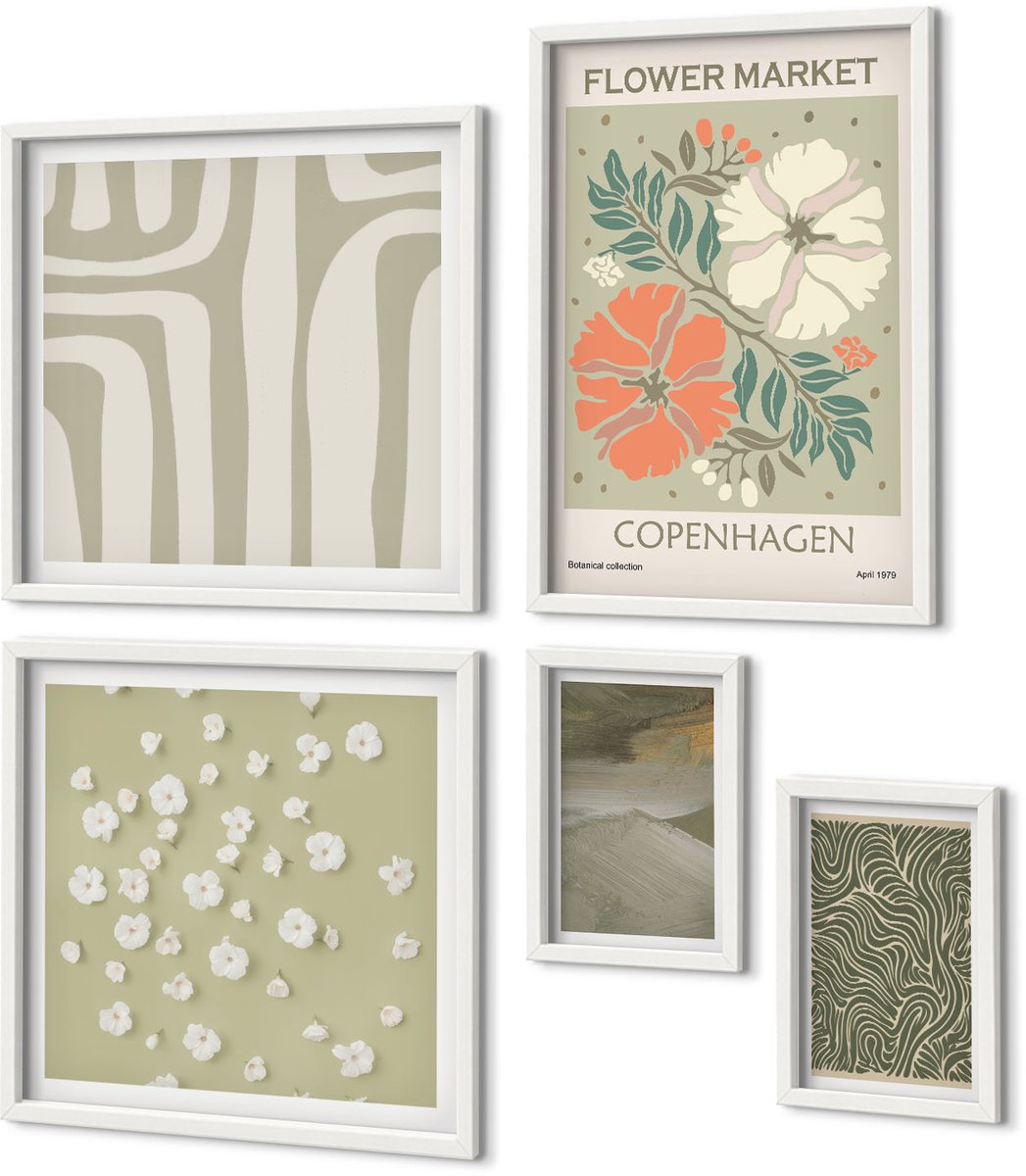 Coloray 5-Delige Schilderij Set - Bloemmotieven En Abstracte Patronen In Boho-Stijl - 50 x 50 cm, 20 x 30 cm En 40 x 60 cm - Wanddecoratie - Muurdecoratie - Woonkamer - Interieur Decoratie
