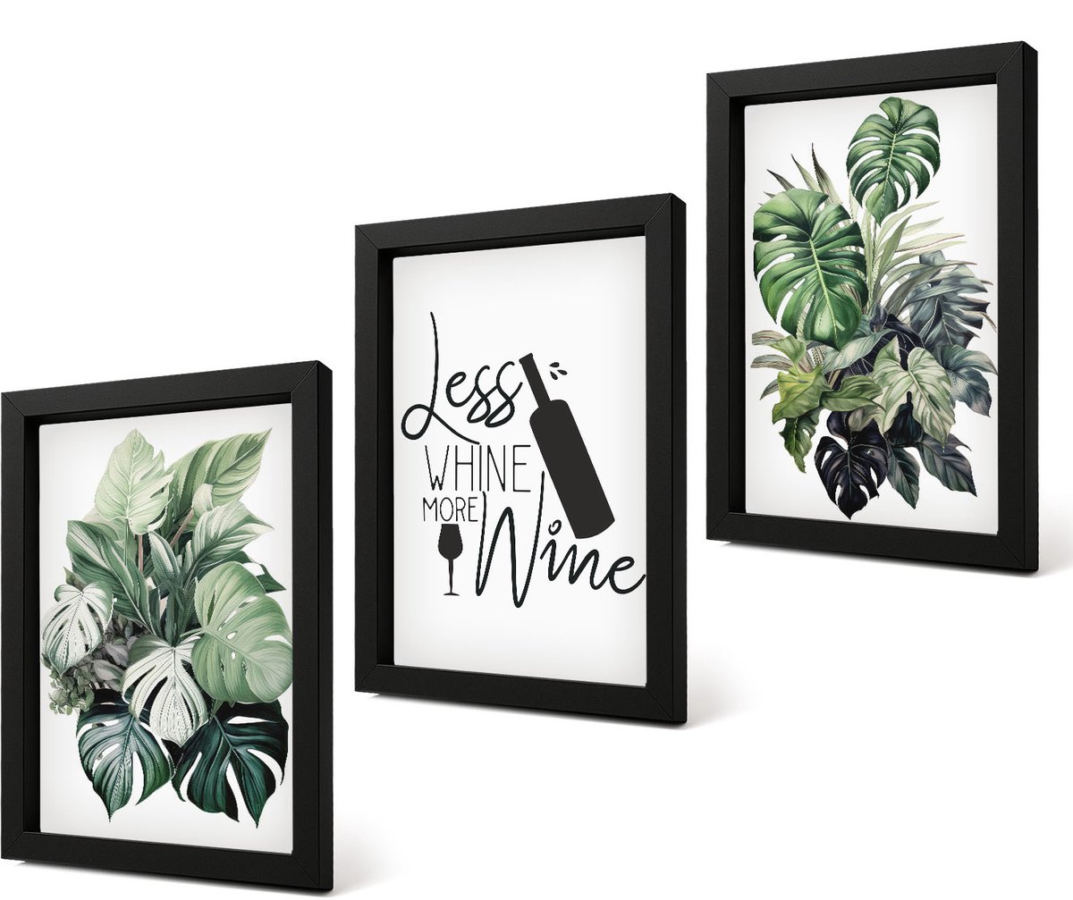 Coloray 4-Delige Schilderij Set - Groene plantenbladeren met het opschrift "wijn". - 20 x 30 cm - Decoratieve Schilderijen - Woonkamer - Interieur - Muurdecoratie