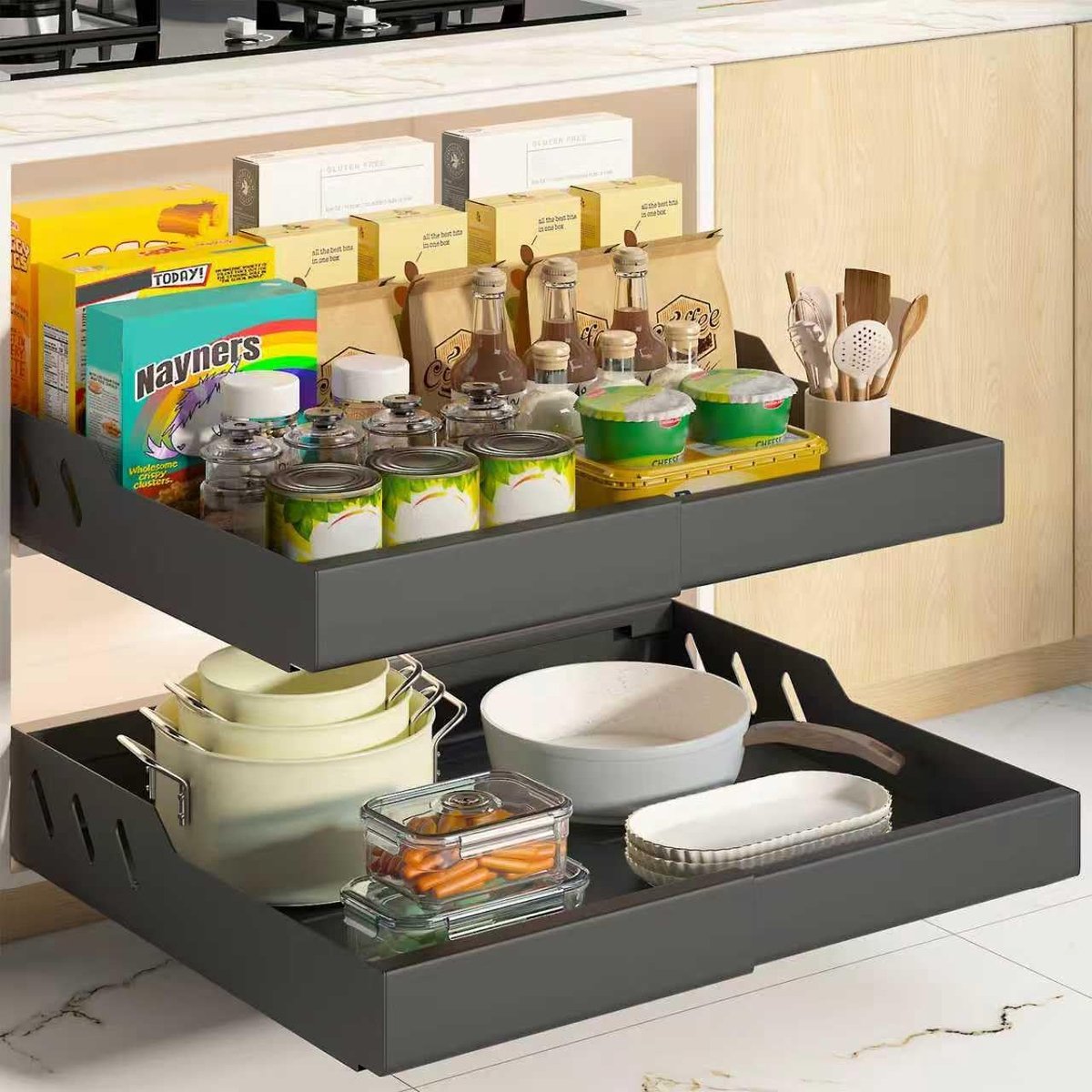 OUYLAF Uittrekbare organizer voor keukenkasten,Uittrekbaar en Verstelbaar (31 - 52 cm),Opberglade voor onder de gootsteen,Lade organizer,Telescopische lade, Metalen Schuifbare Opbergmand Voor Keuken, Keukenkast organizer zwart