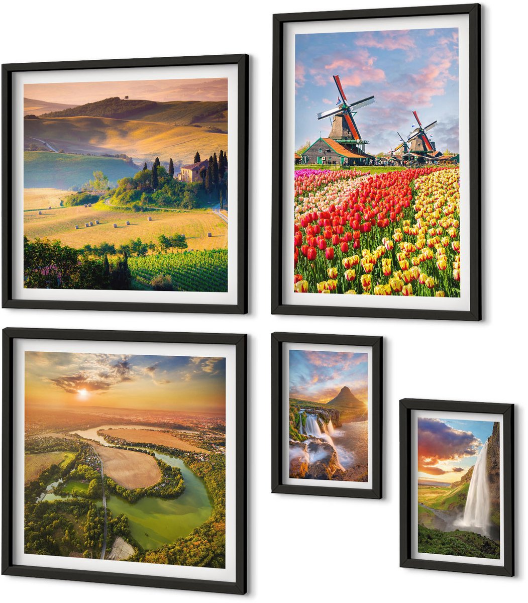 Coloray 5-Delige Schilderij Set - Natuurlijke Landschappen Met Watervallen En Windmolens Op De Achtergrond. - 50 x 50 cm, 20 x 30 cm En 40 x 60 cm - Wanddecoratie - Schilderijen Set - Interieur - Interieur Decoratie Zwarte lijst