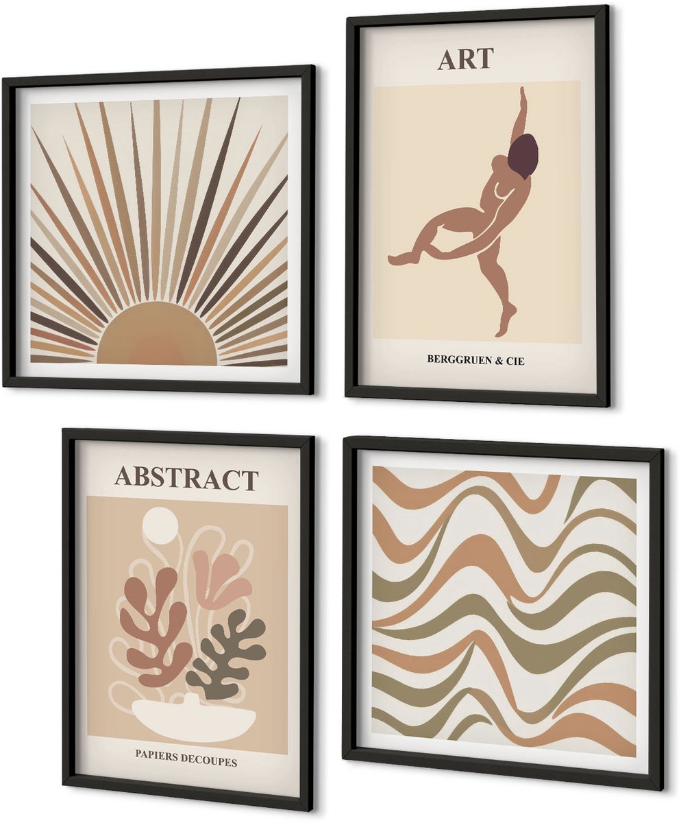 Coloray 4-Delige Schilderij Set - Matisse Boho Abstracte Vormen En Patronen - 40 x 40 cm En 40 x 60 cm - Decoratieve Muurdecoratie - Slaapkamer - Woonkamer Decoratie Zwarte lijst