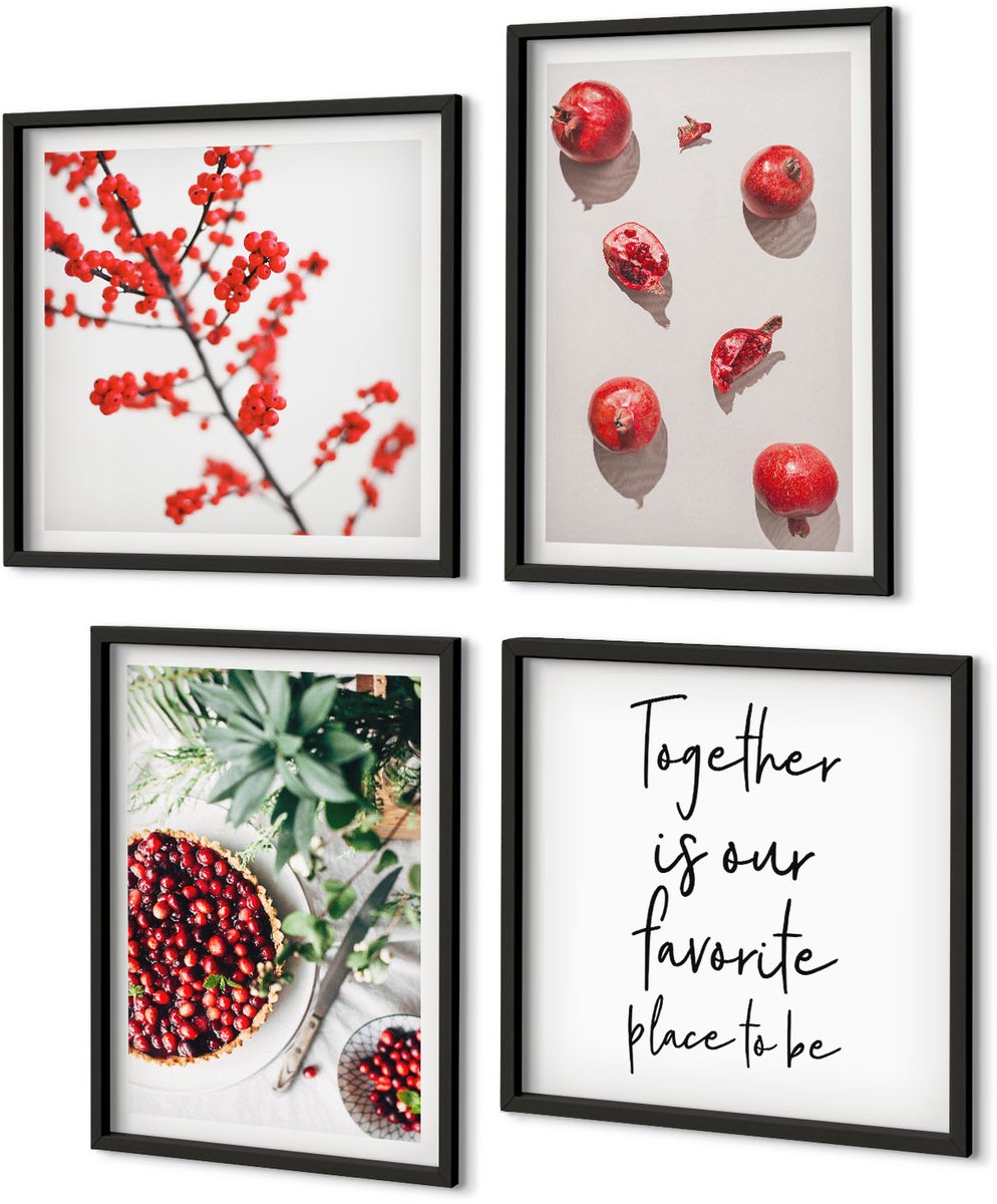 Coloray 4-Delige Schilderij Set - Rode Vruchten En Planten In Een Minimalistische Stijl - 40 x 40 cm En 40 x 60 cm - Wanddecoratie - Schilderijen Set - Kantoor Zwarte lijst