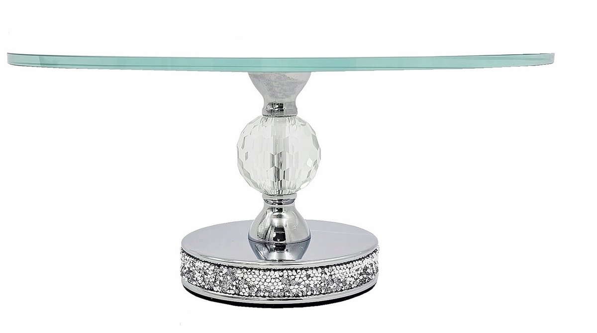 Glazen taartschaal met zilveren voet, 30 cm diameter