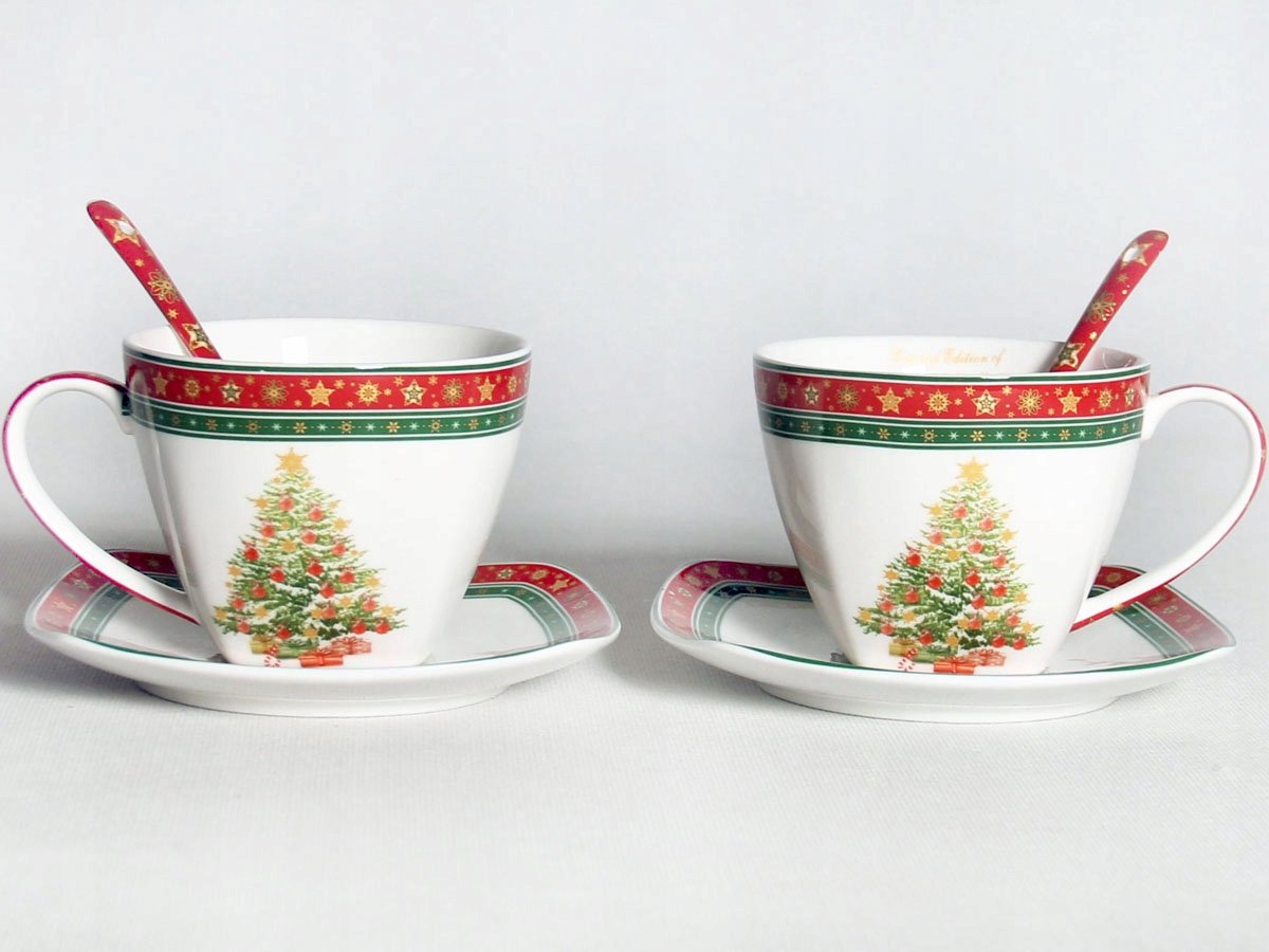 Set van 2 Mokken met Schotels en Lepels - Kerstdesign