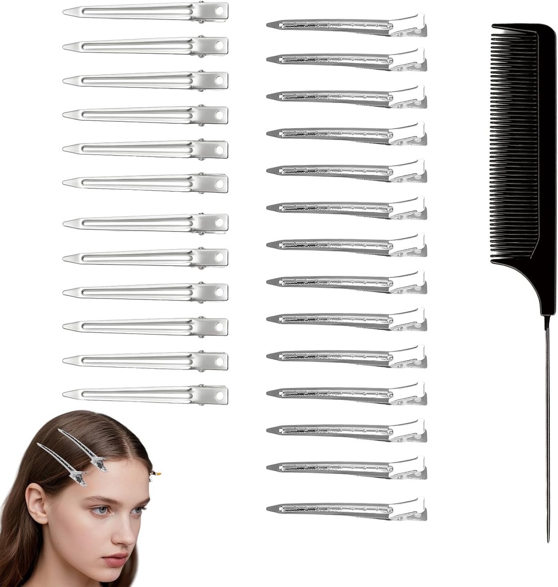 Professionele Haarstylingset - Zilverkleurig - 25 Stuks - Met Robuuste Klemmen en Puntkam - Voor Kappers en Thuisgebruik