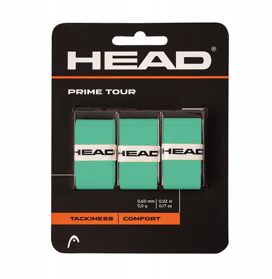 Verpakking met drie mintgroene Head Prime Tour grips. De grips hebben 'HEAD' logo's en zijn 0,60 mm dik.