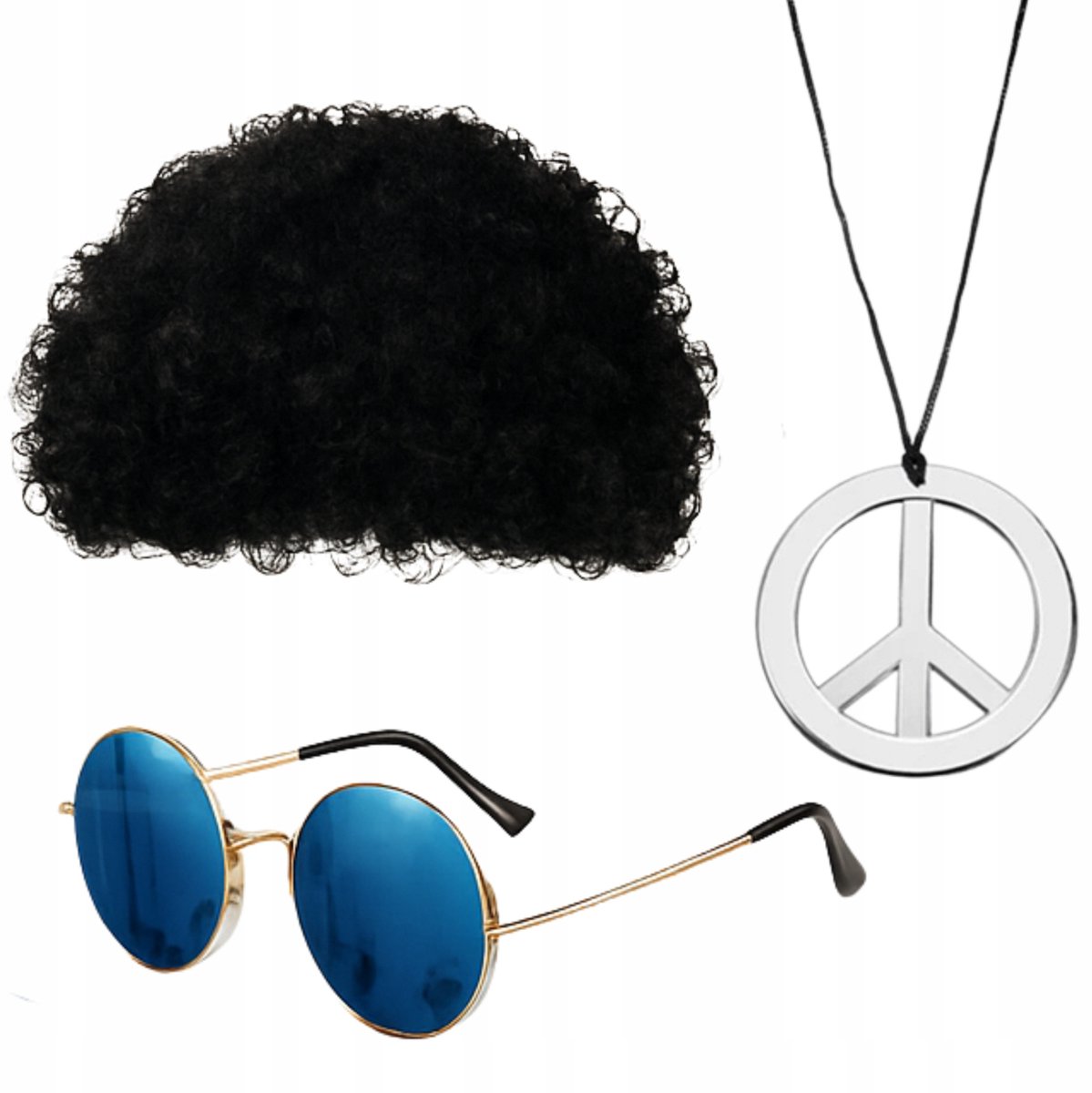 Retro Afro Pruikenset: Peace Ketting & Lennon Bril - Jaren '60 '70 '80