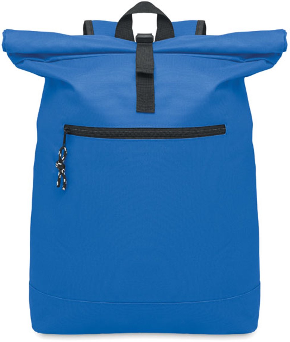 15 inch rolltop laptoprugzak van 600D polyester met gewatteerde achterkant en versterkte bodem. Afsluitbaar voorvak met rits. 210D voering. Royal Blue
