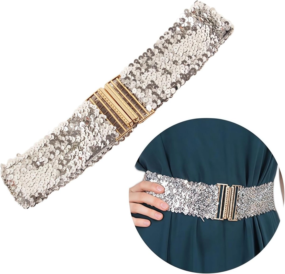 MANJIAMEI Paillettenriem voor dames, rekbare paillettenriem, glanzende riemen uit de jaren 80, brede riem met metalen - ShopVlot